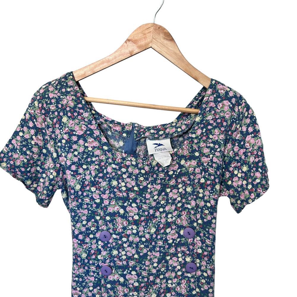 Vintage 90's Floral Rayon Romper Blue Pink Cottagecore Summer Mini size Large - Picture 2 of 9